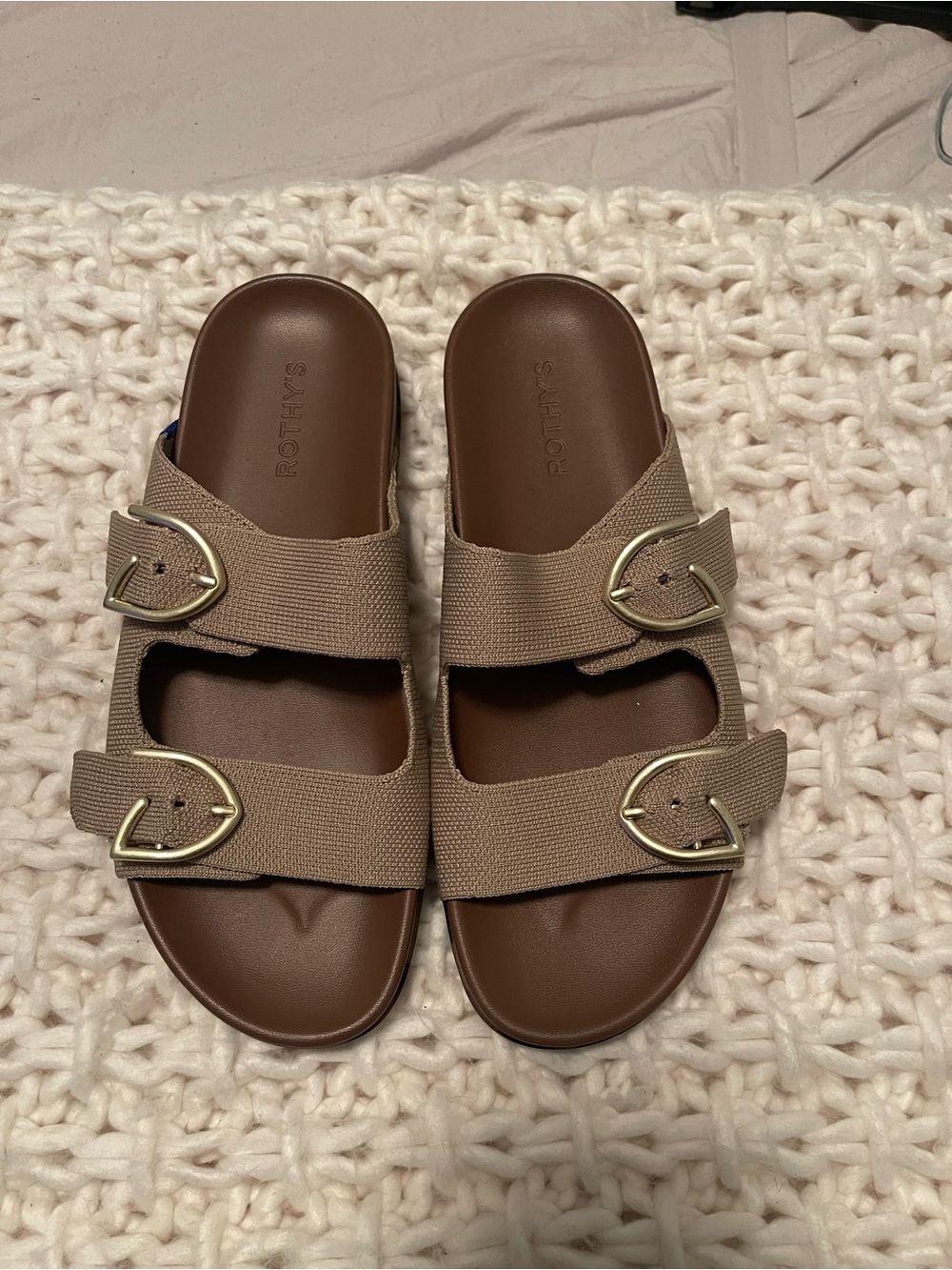 Rothy’s The Buckle Slide Slip On Sandals Dune Neutral Tan Size 8.5